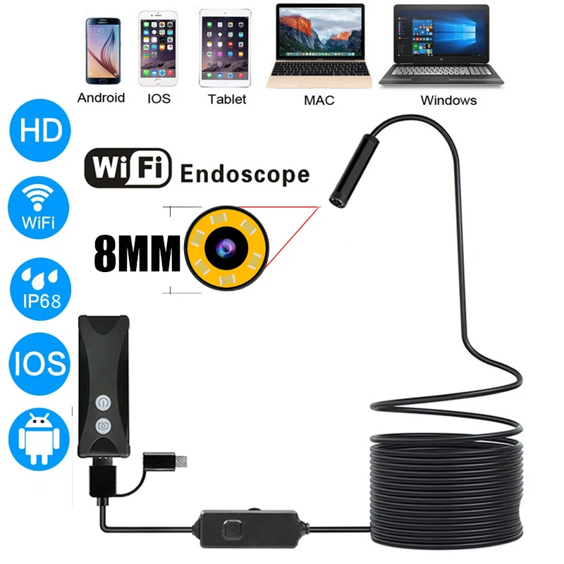 Беспроводной WiFi эндоскоп камера HD 1200P мягкий/жесткий кабель Инспекционная 8 мм