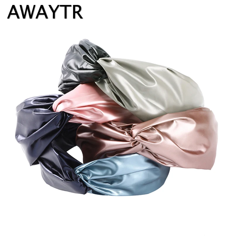 

AWAYTR New Classic Turban Women Colorblock Leather Headband Solid Hairband Wide Side Hair Band Plastic Hair Hoop Accessories