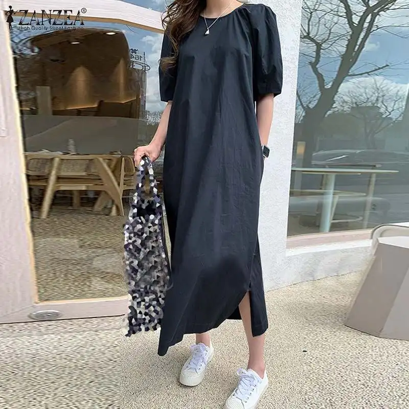 

ZANZEA Femme Clothing Robe Solid Kaftan O-Neck Retro Long Midi Sundress Women Summer Baggy Dress Split Hem Street Faldas Largas