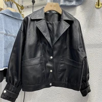 2021 autumn faux leather jacket women pu motorcycle short biker coat single breasted big pocket faux soft leather bomber outwear