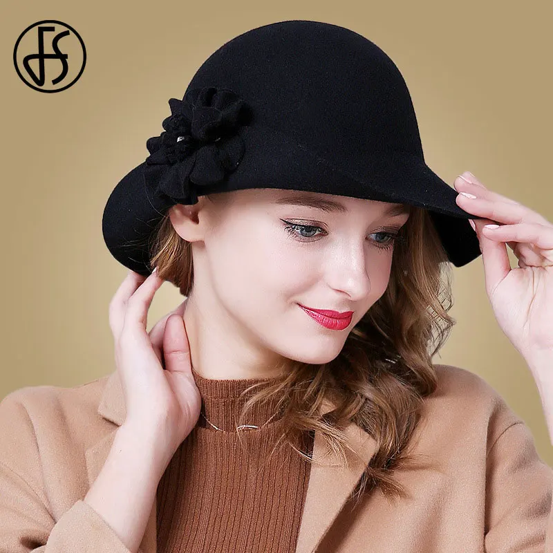 Black Wool Fedora Женская винтажная широкополая шляпа FS, фетровая шляпа из шерсти с декоративным цветком, красного цвета, на осень/зиму - Цвет: Black Wool Fedora