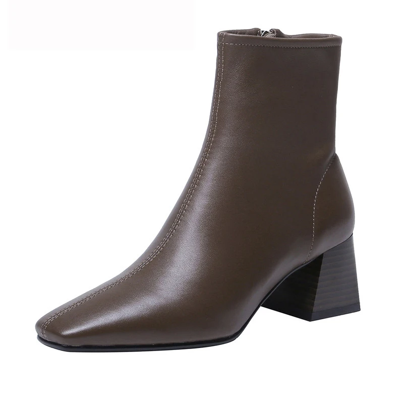 

ANNYMOLI Genuine Leather Woman Boots High Heel Ankle Boots Zipper Block Heel Shoes Square Toe Ladies Short Boots Autumn Winter