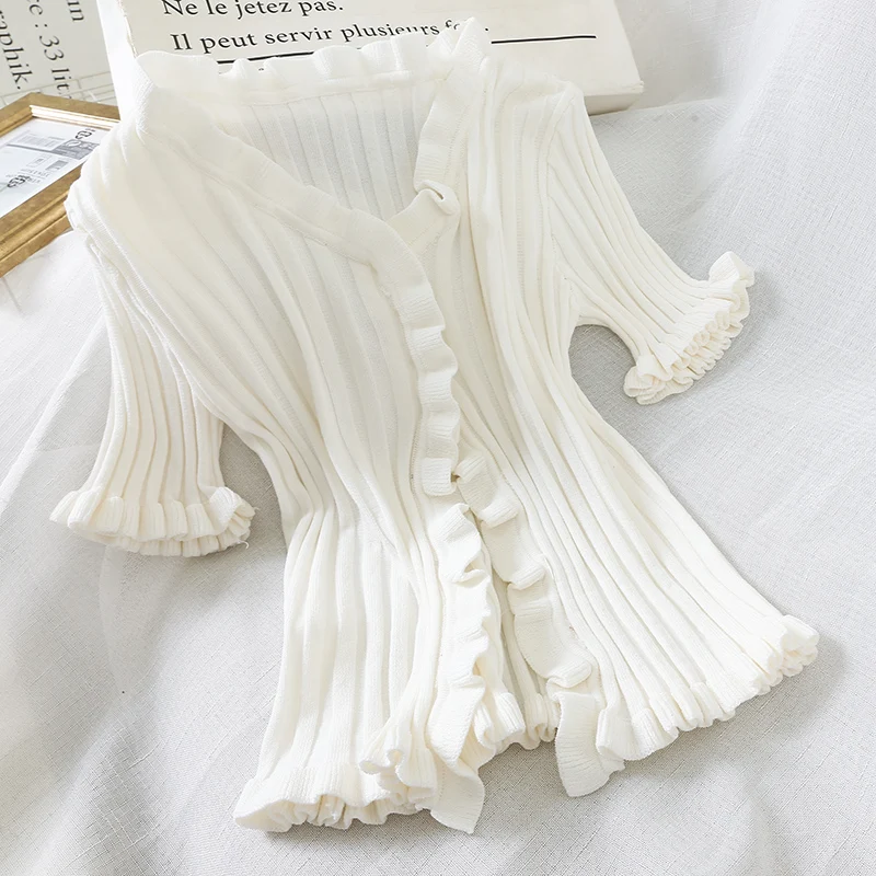 

Autumn Winter Sweet Colors Short Sleeve Solid Ruffles Hem Knitted Sweater Women Casual V Neck Good Elastic Cardigans