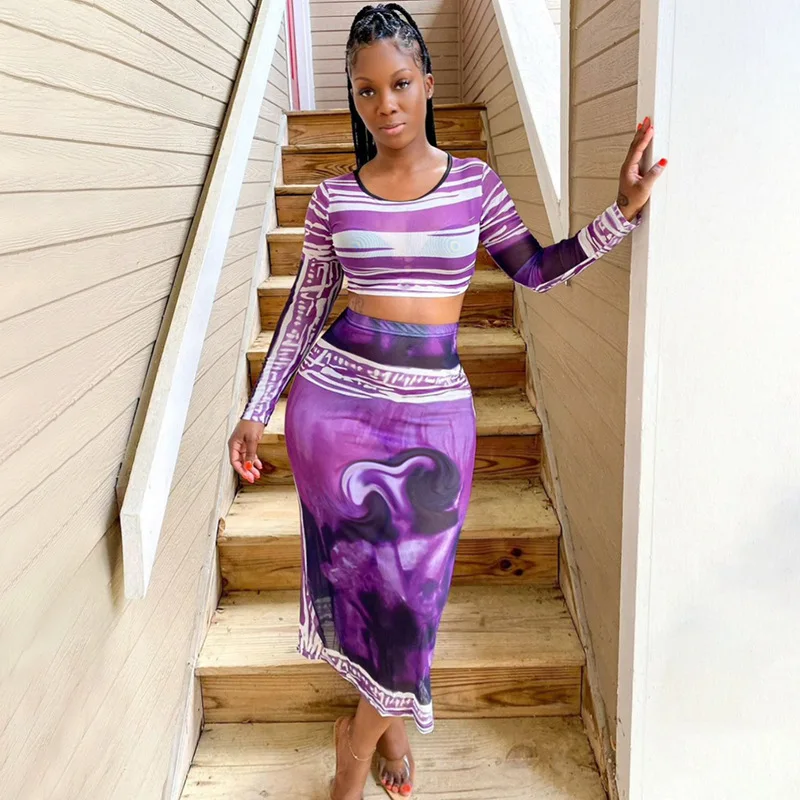 

Женский комплект из двух предметов с принтом, привлекательный газовый топ с круглым вырезом и длинным рукавом + искусственная Осенняя повсе...