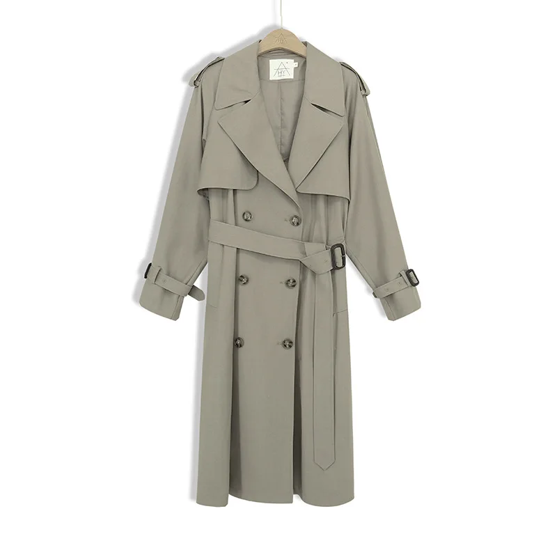

New Spring Autumn Long Women Trench Coat Double Breasted Belted Storm Flaps Gray Khaki Loose Coat Lady Outerwear Fashion