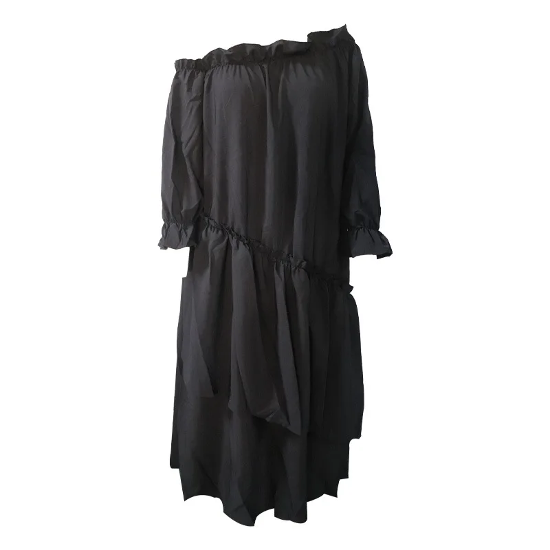 

2021 fashion Sexy Lace Pleated Dress Women Off The Shoulder Irregular Hem Dress Bohemian Robe loose Elegant OL Dress black