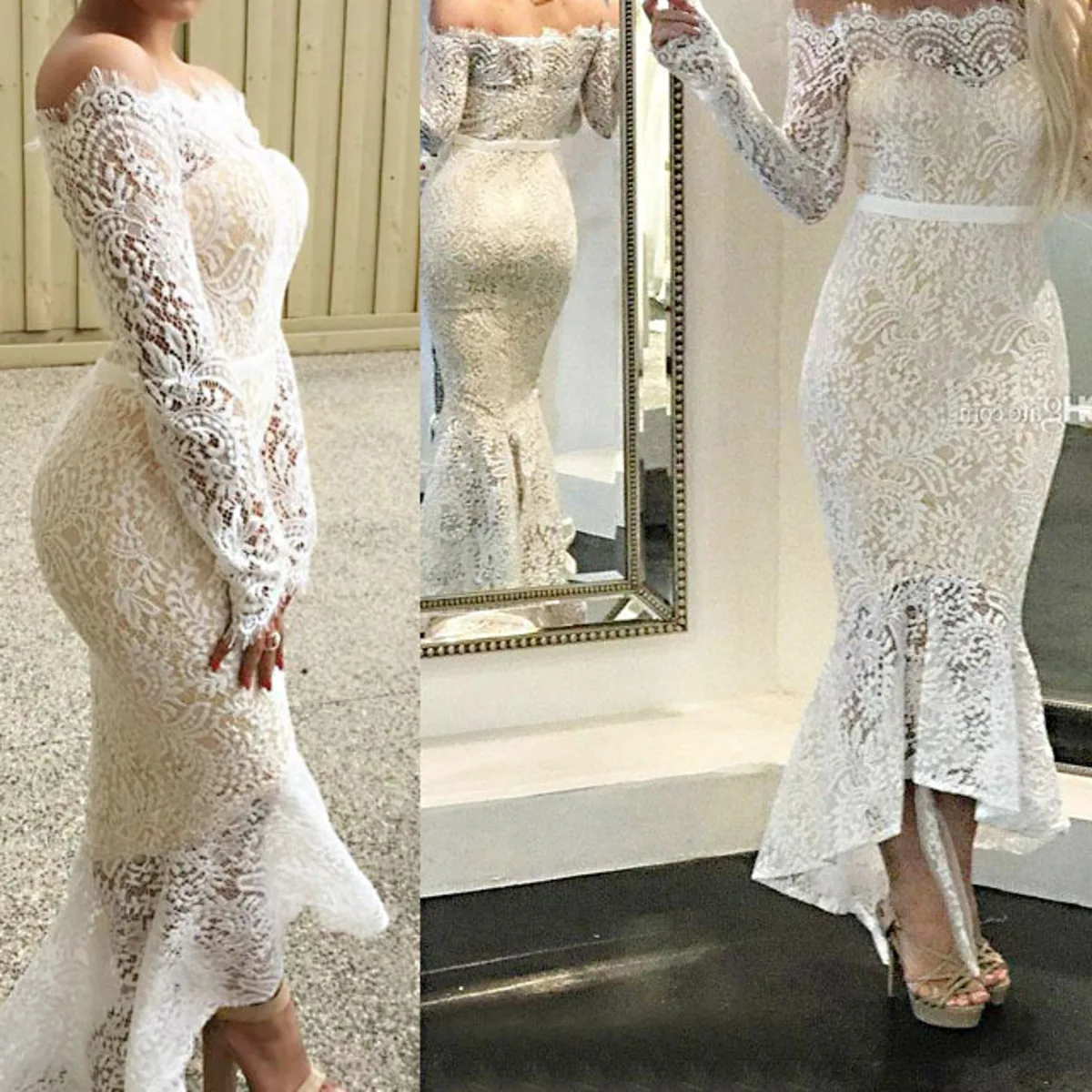 BacklakeGirls-vestido de novia de manga larga con cuello Barco, sirena, elegante, sin hombros, de encaje, vestido de novia, Abiti Da Sposa