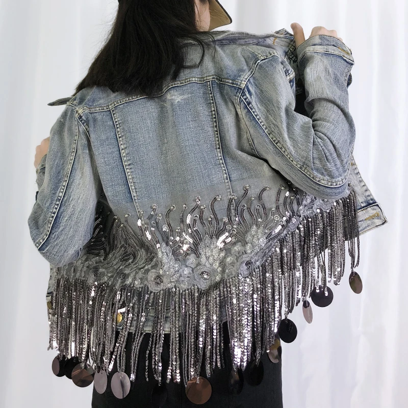 

2022 New High Quality Denim Jacket Women Sequins Beading Tassels Hem Women Denim Coat Slim Jeans Jacket Spring Women Coat NZY99