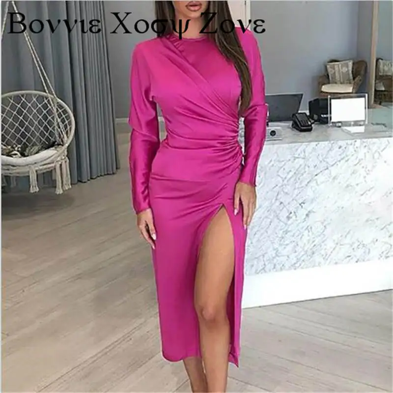 

Plain Solid Color O-neck Long Sleeve Ruched Slit Casual Dress Mid-Calf Elegant Casual Dresses For Women 2021