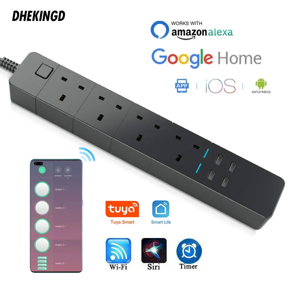 Smart Power Strip UK WiFi Works with Alexa, GoogleHome, Multi Plug  4 AC Outlets & 4 USB Charging Ports,Voice Control