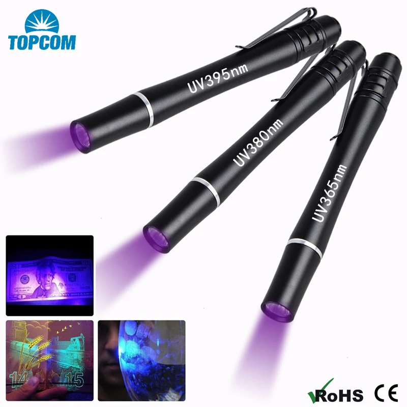 

TOPCOM Mini Pocket LED UV Curing Light Ultraviolet Penlight Clip Aluminum Alloy UV Pen Flashlight For Money Detect