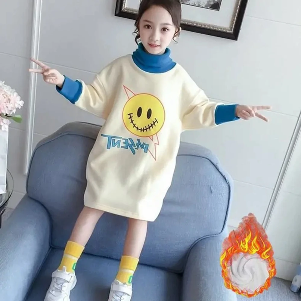 

4-14 Years Kids Turtleneck Fleece Dresss For Girls Long Sleeve Pathcwork Casual Dress Girl Winter Warm Hoodies Top 6 8 10 12 5 7