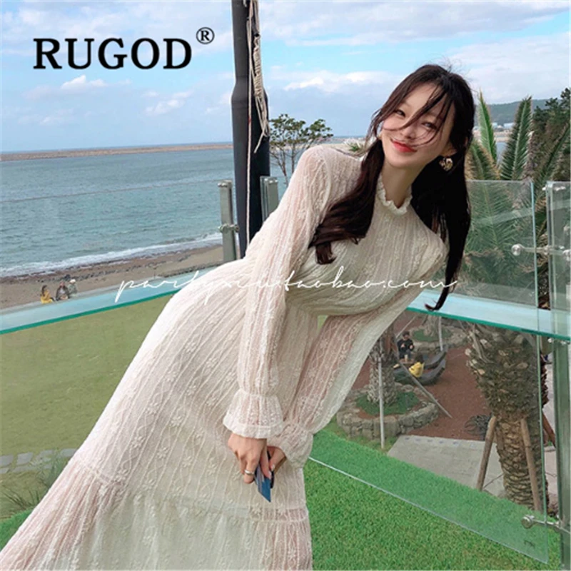 RUGOD корейское шикарное кружевное длинное платье для женщин элегантное