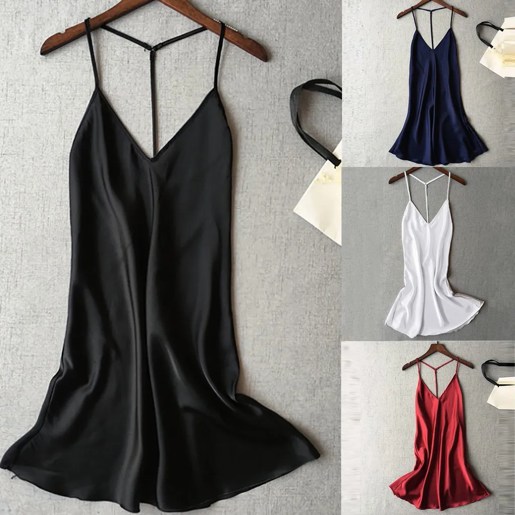 

Women's sexy satin pajamas Babydoll nightdress sexy sling halter satin nightdress halter without chest pad X5
