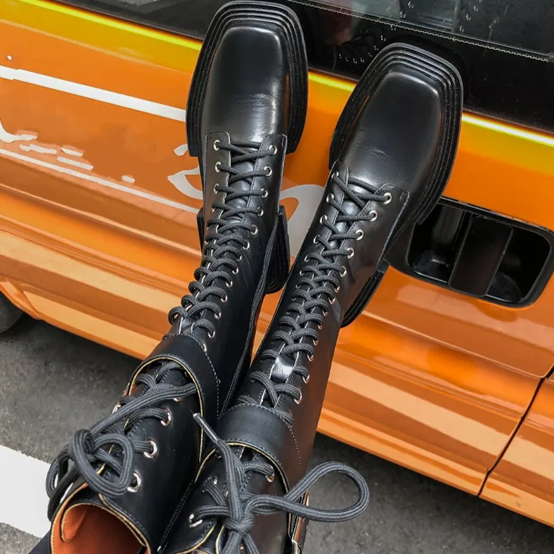 

Genuine Leather Square Toe Lace Up High Boots Womens Height Increasing Slip-On Natural Cowhide Winter Warm Half Knee Boots