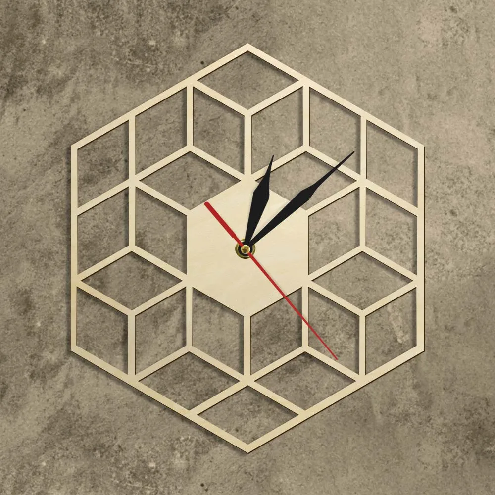 Кубические вдохновленные шестигранные деревянные настенные часы бесшумные не