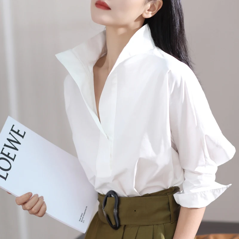 

2021 New Feminine Top Casual White Turn-down Collar OL Style Three Quarter Sleeve Blouses Shirts Cotton Harajuku Shirt 567H