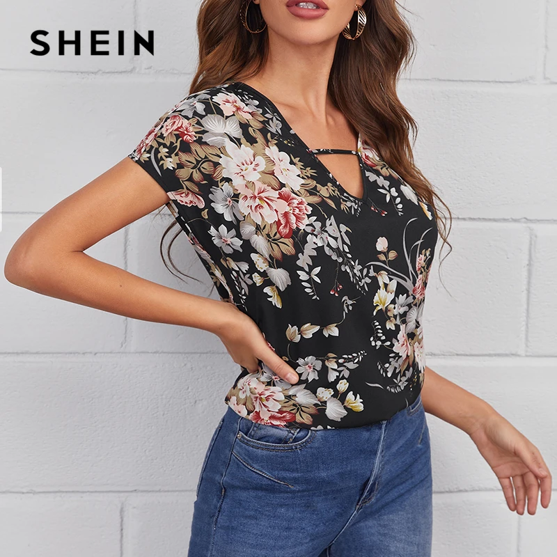 

SHEIN Multicolor Cut Out V-neck Batwing Sleeve Floral Print Top Blouse Women Summer Casual Tops and Blouses