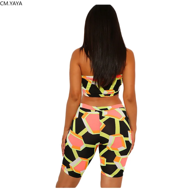 CM.YAYA Women Sport Two Piece Set Geometric Strapless Crop Tops Knee Length Jogger Sweatpants Suit Tracksuit Matching Outfit | Женская