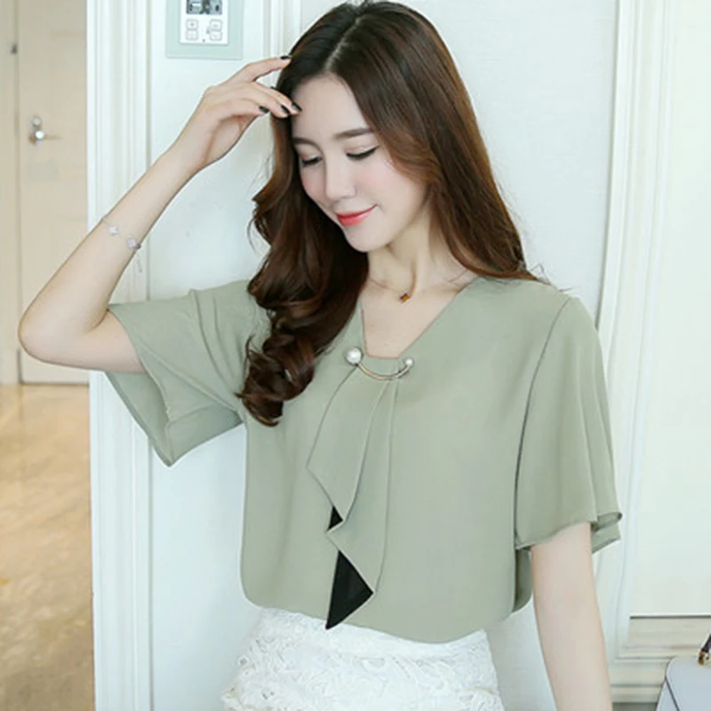 

2019 New Spring Fashion Chiffon V Neck Short Flare Sleeve Shirt Blouses Casual Women Clothing Blouses Tops Female Plus Size