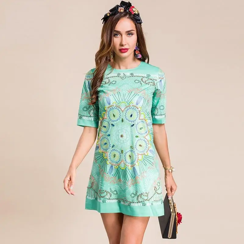 

2021 Fashion Designer Summer Short Dress Women's Short sleeve Beading Printed Vintage Mini Party Dress Vestidos