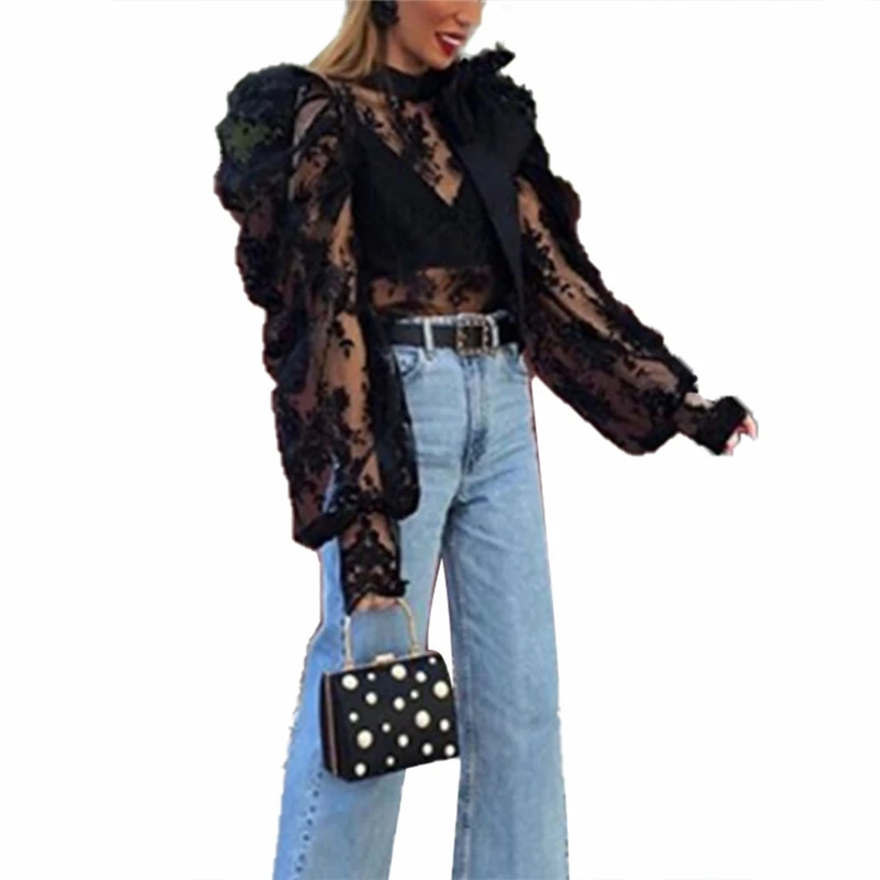 Женская кружевная блузка-кроше прозрачная сетчатая рубашка с длинными
