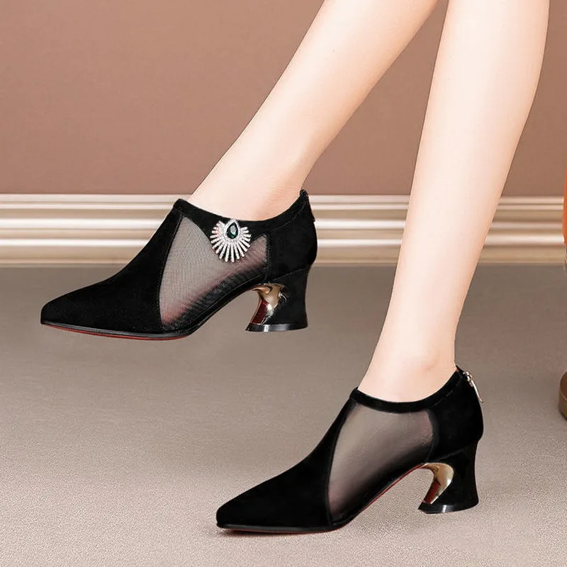 

2021 Spring Deep Mesh Shoes Woman,Pointed toe,Women Mid Heels,Microfiber Leather,Rhinestone,Female Fashion Footware,BLACK,GREY