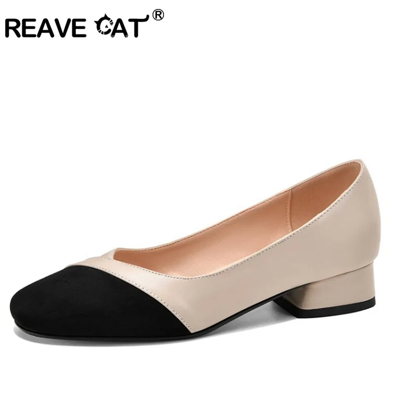 

REAVE CAT 2022 Mid Chunky Heels Ladies Pumps Round Toe Suede Splice Plus Size 31-43 Beige Black Mix Color Elegant Spring A4612