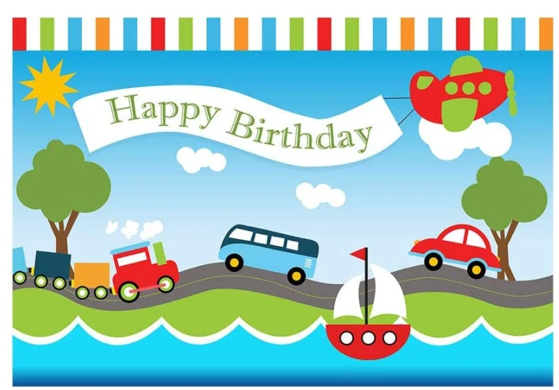 Transportation Boy Birthday Party Backdrop Automobile Train Airplane Boat Car Bus Happy 1st Birthday Blue Sky White Cloud Trees enlarge