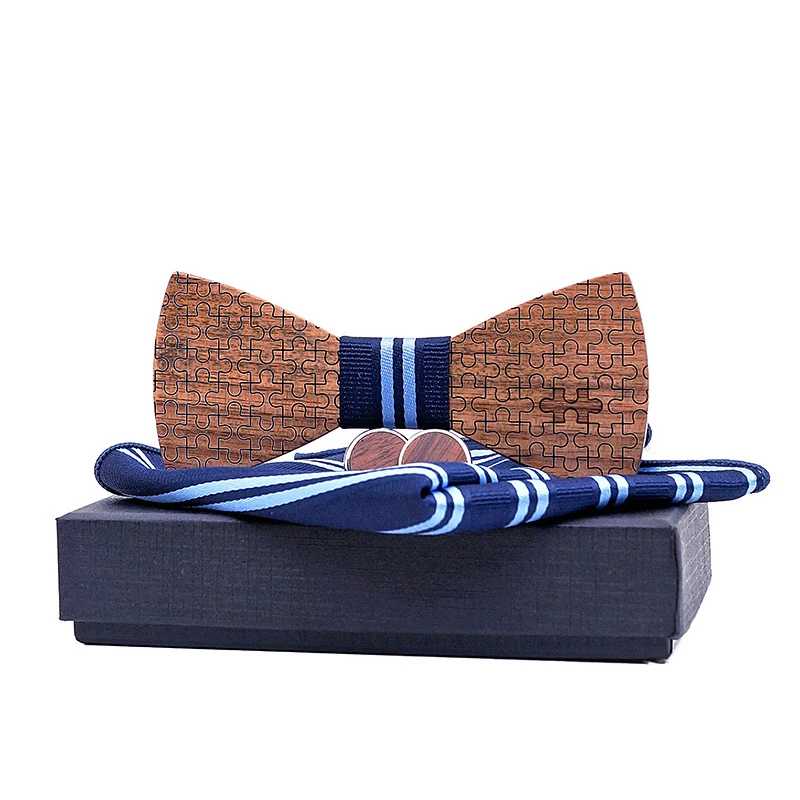 

Sitonjwly Mens Shirt Wooden Bow Tie Hanky Cufflinks Set for Wedding Casual Wood Bowtie Handkercheif Gravata Cravat with Box