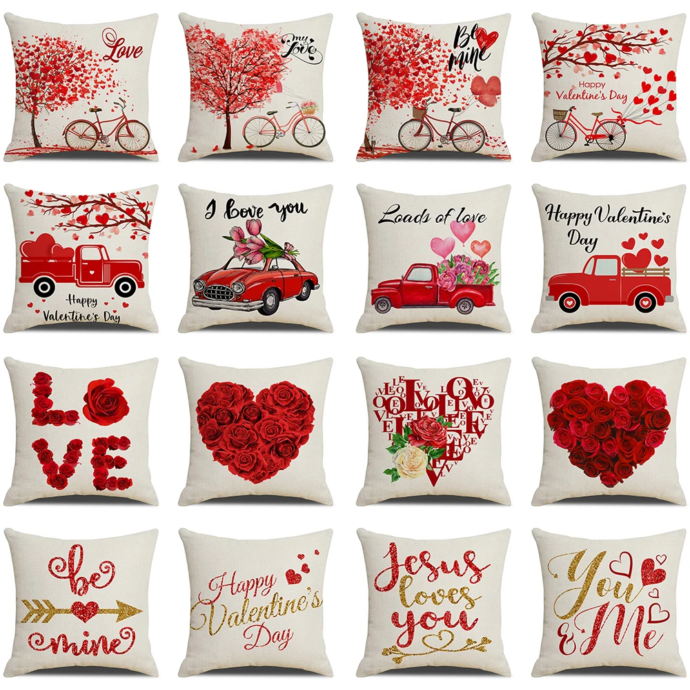 

Valentine's Day Cushion Cover Red Car Rose Love Pillow Covers 18x18 Linen Throw Pillowcase Gift for Lover Home decoration