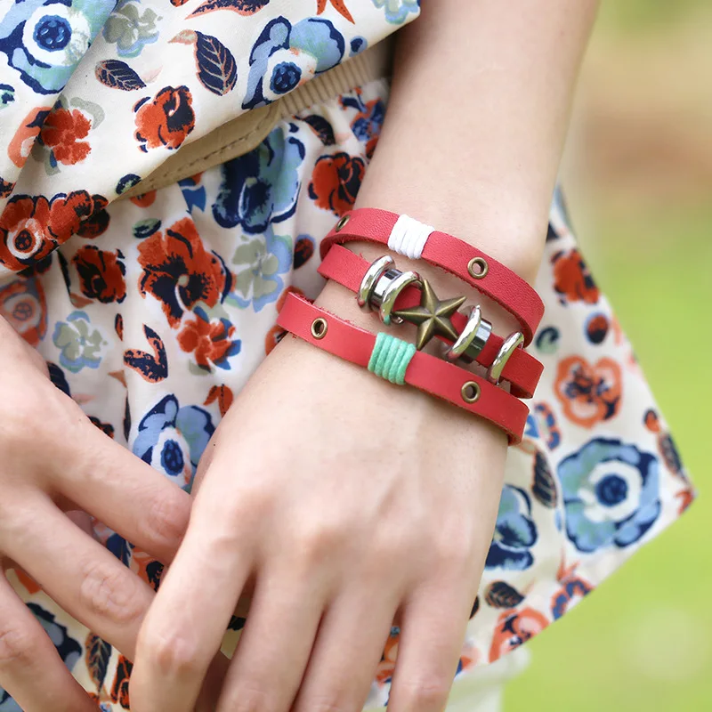 Женский Многослойный кожаный браслет золотистый с пятью звездами роскошная