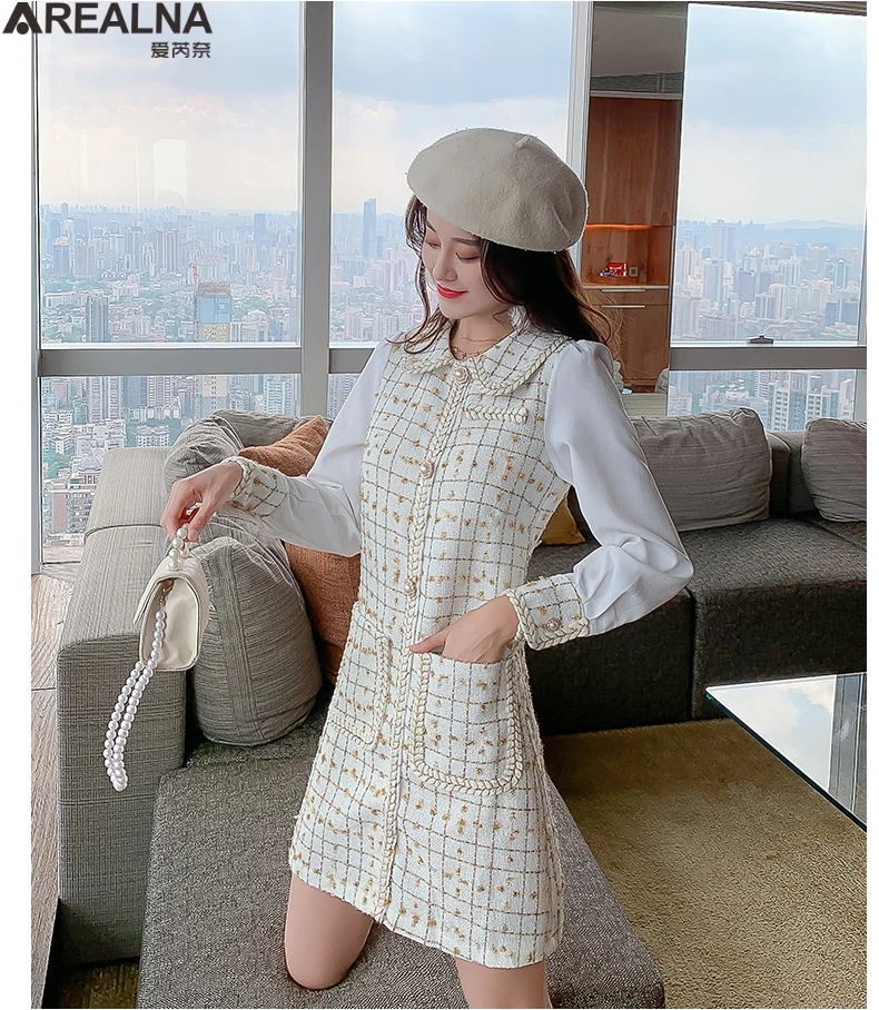 

Woman Dress plus size Casual Turn-down Collar Patchwork pocket Dresses Shiny Plaid Office Lady A-line Button sexy mini Dress 4XL