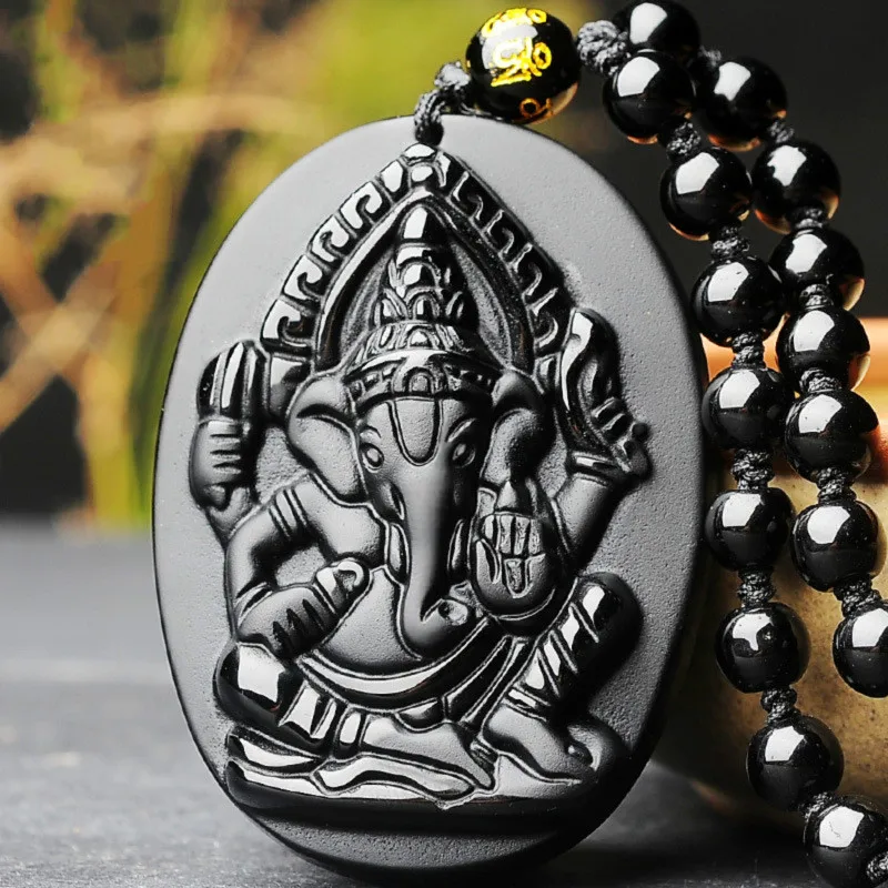 Ручная работа слон Бог натуральный черный обсидиан нефритовый кулон ожерелье