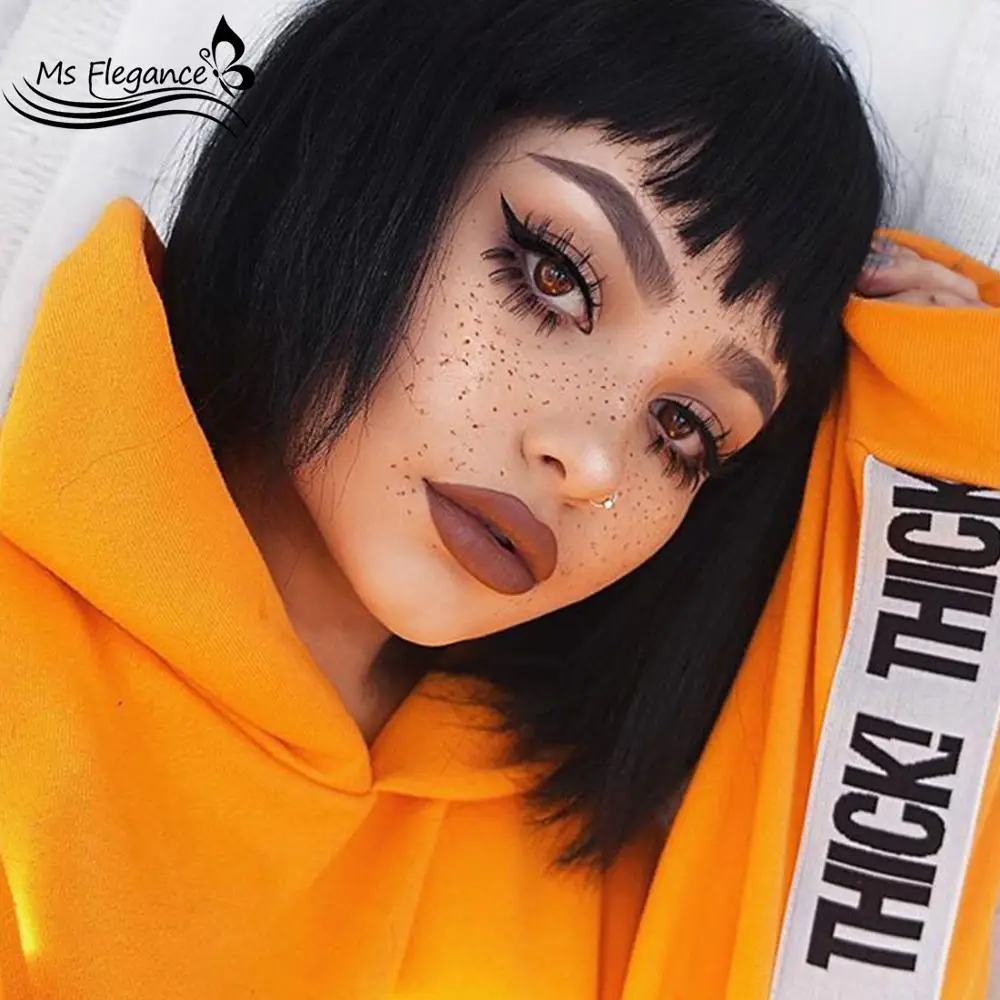 

MS FLEGANCE Black Short Bob Wig Straight Cosplay Synthetic Wigs With Bangs For Women Hair Heat Resistant Bob Hair style Wig
