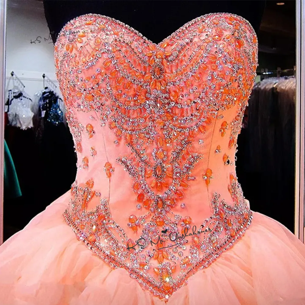 Vestidos de 15 Anos бальное платье из пышной органзы Бальные платья кристаллы дебютантное платье Коралловое Дешевое бальное платье