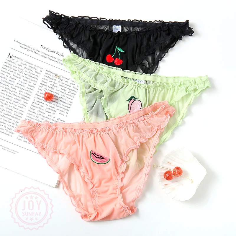 

FINETOO Women's Panties New Ruffle Fruit Embroidery Sexy Briefs Invisible Hot Sale Pretty Female Fashion Perspective Underwear