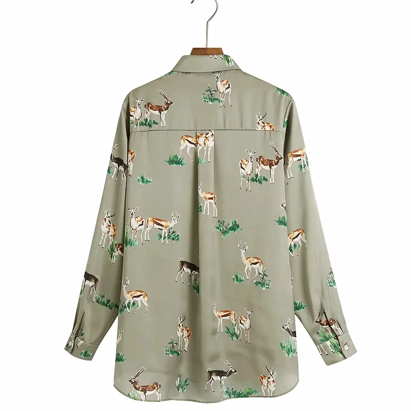 

MosiMolly Pretty Sika deer Print Blouses Shirt Tops Women Button Down Spring Summer Female Blusas Shirt Tops 2021 Satin Blouses