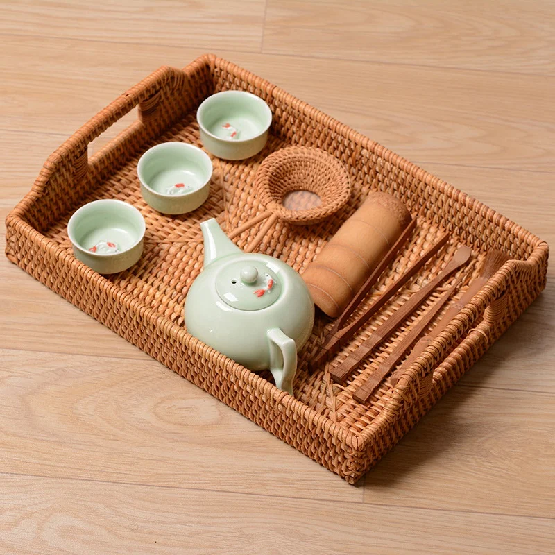 

Rattan Woven Storage Fruit Basket organizer with Handle Candy Snack Plate Cutlery Tray with Breakfast Bed Bar Dinner Rectangular