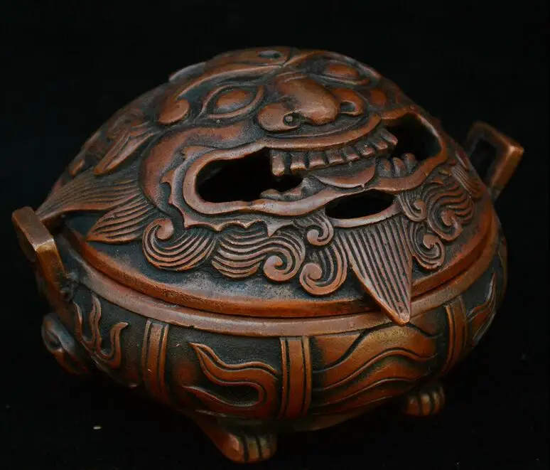 4" ChinaeseBronze Pixiu Brave troops Unicorn Beast Statue Incense Burner Censer