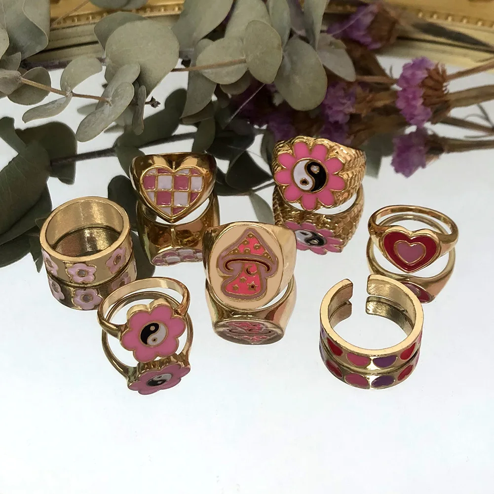 

Ins New Pink Mushroom Enamel Rings Double Layer Heart Flower Chunky Metal Round Ring Punk Lucky Jewelry For Women Girls Gifts