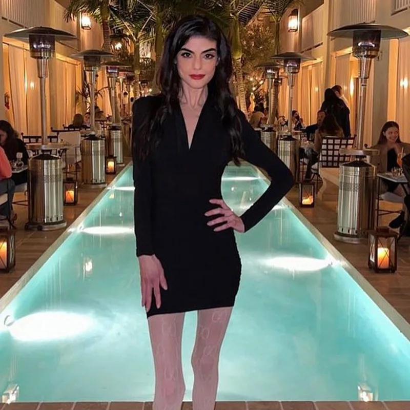 

Elegant Dresses For Women V Neck Party Vestido Folds Slim Long Sleeve Short Part Bodycon Midi Black Dress 2021