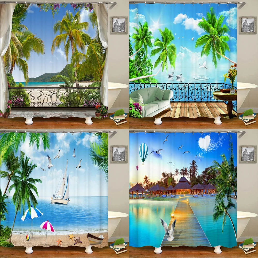 

Sunny beach scenery seaside 3D printing shower curtain polyester waterproof home decoration curtain with hook bathroom curtain