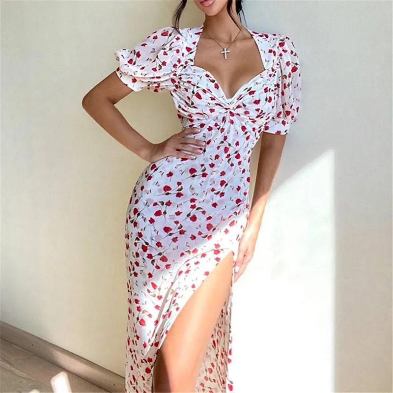 

2021 summer women's short puff sleeve floral print pleated party high slit long dress sexy dress