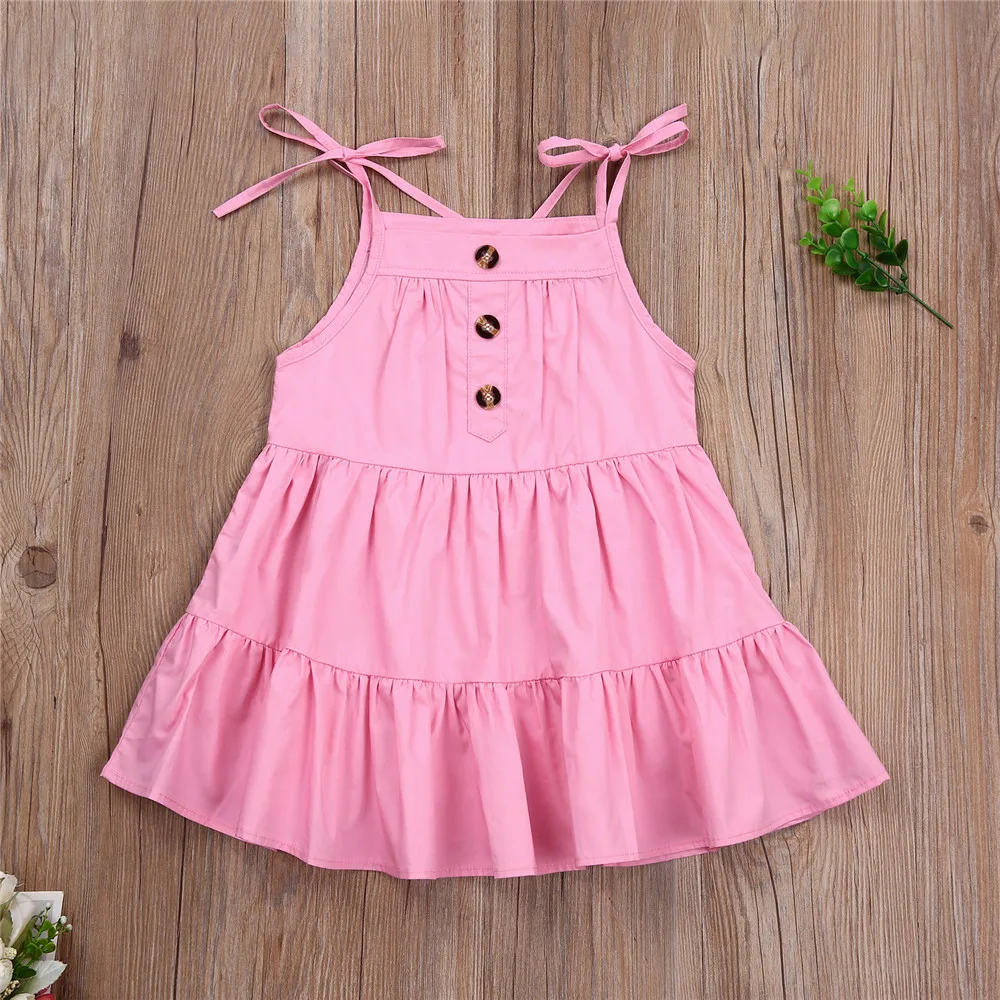 

WenaZao Toddler Infant Kids Baby Girl Summer Lace Up Sleeve Square Neck Button Ruffles Mini Dress Cute Sweet Children Sundress