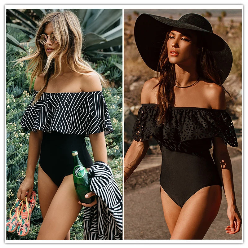 

2021 New Sexy Off The Shoulder Solid Swimwear Women One Piece Swimsuit Female Bathing Suit Ruffle Monokini Swim Wear XL