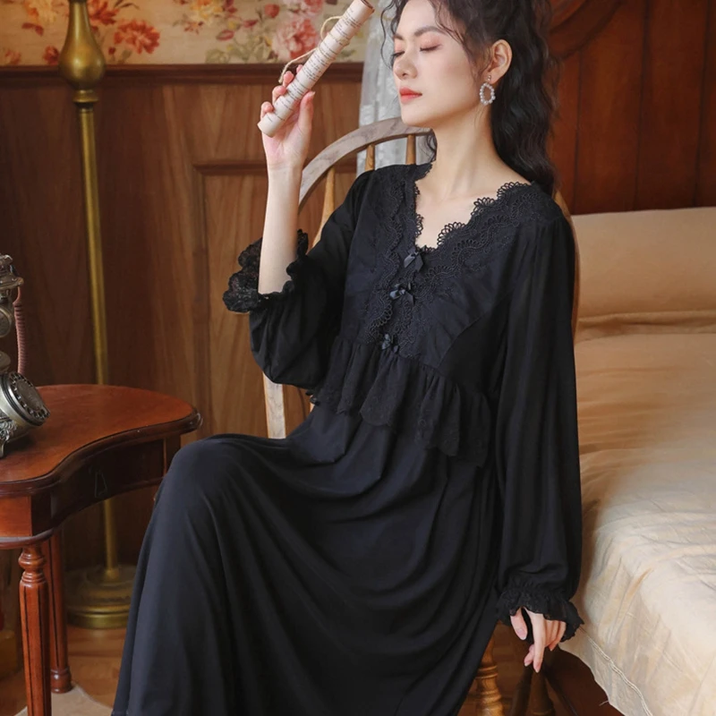 

Long Lace Dress Sleepwear White Nightwear Vintage Homewear Modal Nightgowns Palace Nighty Women Patchwork Luxury Sleeping