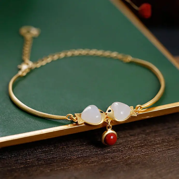 

new inlaid natural Hetian white Chalcedony Pisces Bracelet Chinese style retro unique ancient gold craft women's brand jewelry