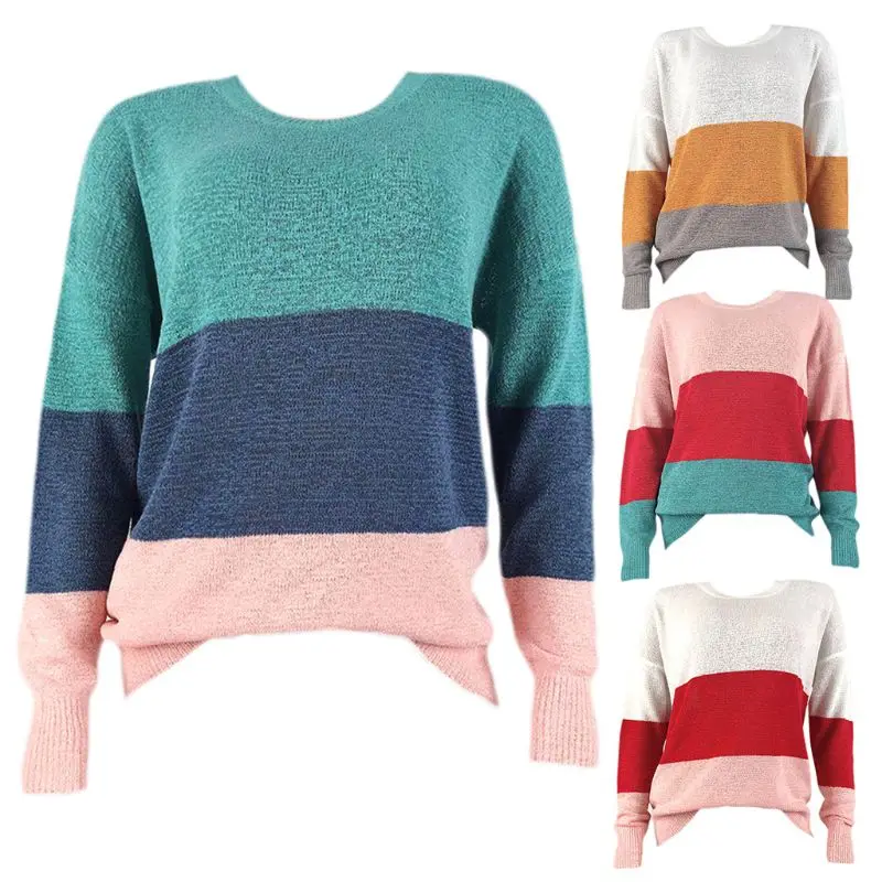 

Womens Autumn Long Sleeves Knit Sweater Sexy Drop Shoulder Loose Pullover Tunic Tops Color Block Wide Stripes O-Neck Slounchy Ju