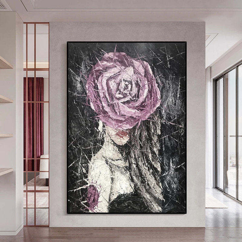 

Hand-Painted Canvas Oil Painting 3D Abstract Girl Character in Purple Roses Flower Living Room Bedroom Wall Art Decor No Framed